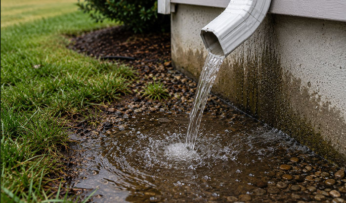 Downspout drainage directing water away from a home