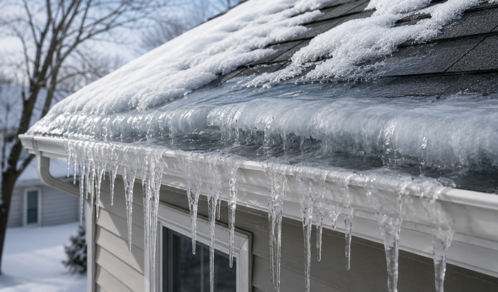 Ice buildup along roofline and gutters