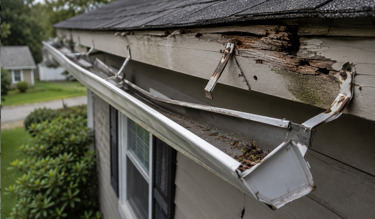 Clogged gutters causing water damage risk